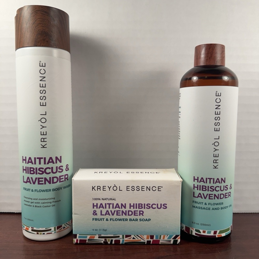 DISCONTINUED NEW Kreyol Essence Body Wash, Body Oil Soap Lavender Hibiscus Set